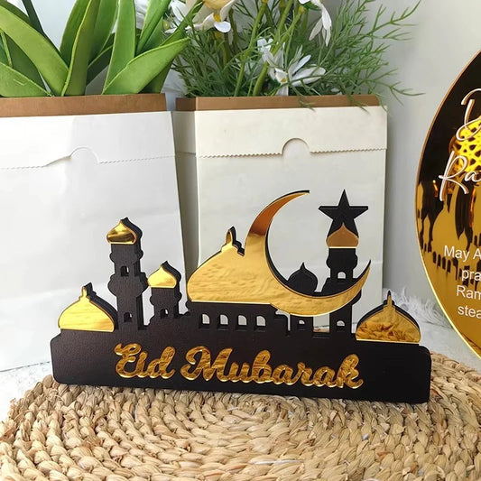 2025 Ramadan Kareem Table Ornament Wooden Acrylic Eid Mubarak Moon Star Castle DIY Tabletop Decoration Islamic Party Home Decor