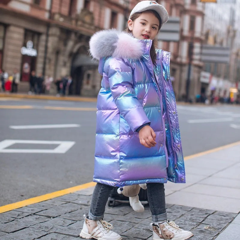 Warm Winter Jacket For Girls Coat Fashion Waterproof Shiny Hooded Children Outerwear Clothing 5-14 Years Teenage Kids Parka