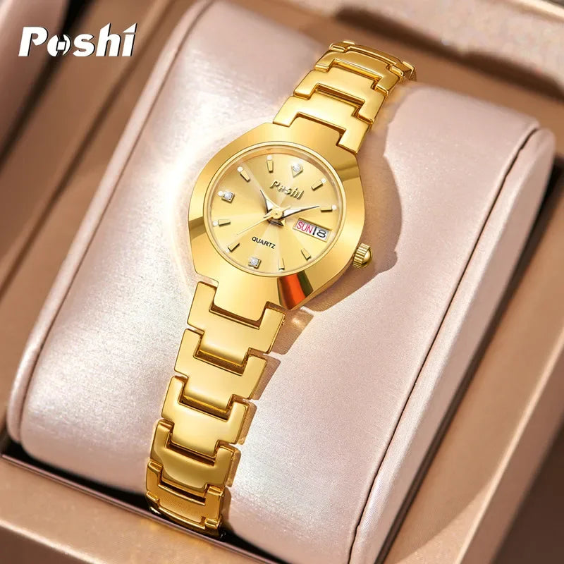 POSHI Fashion Quartz Girls Watch Stainless Steel Simple Women Watch Date Week Waterproof Thin Lady Business Clock  Wristwatch