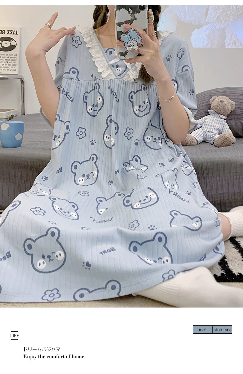 Summer New Knitted Cotton Kawaii Girls Checked Sleep Dress Women's Nightgowns Nighttie Sleepshirts Ladies Dresses Home Fashion