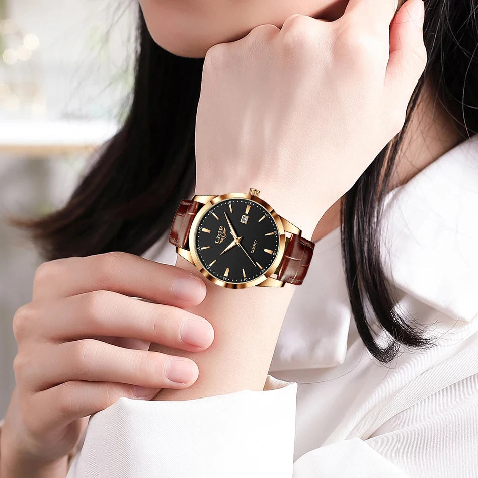 LIGE Women Watch Fashion Leather Military Sport Waterproof Watches For Women Top Brand Luxury Women's Bracelet Watch Reloj Mujer