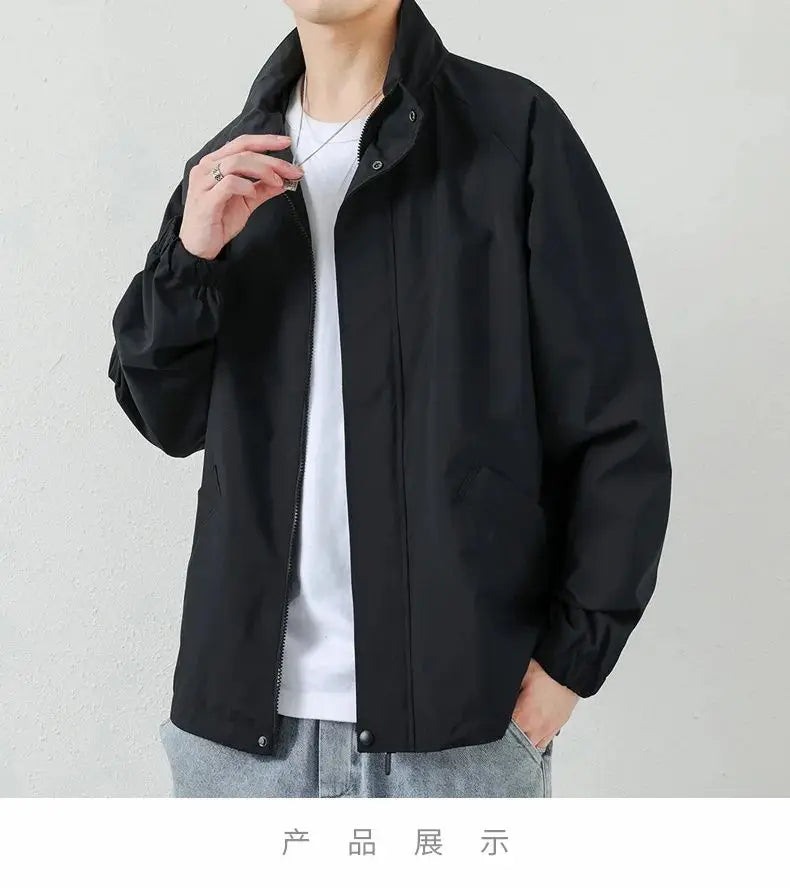 Men’s Autumn Black Long Sleeve Collar Jacket Casual Zipper Loose Wild Waterproof Outdoor Sports Jacket Ultrathin Solid Coat