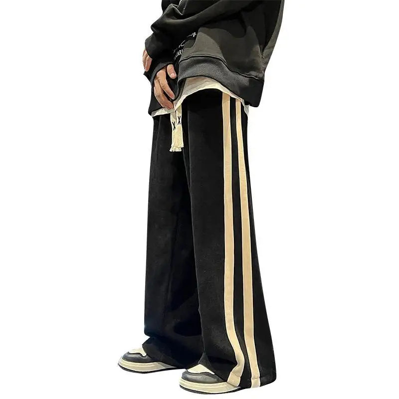 Fleece Thicken Corduroy Wide-leg Pants Men's Harajuku High Street Side Stripes Pants Casual Straight Elastic Waist Sweatpants