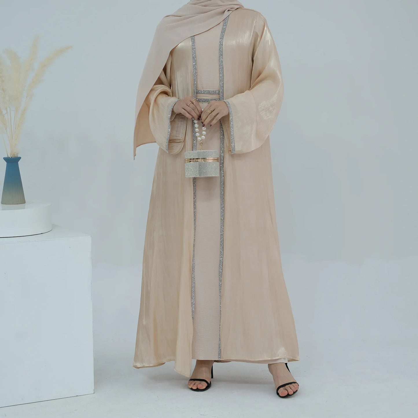 3pcs Eid Abaya Kimono Plain Shiny Modest Open Abayas for Women Dubai Elegant Muslim Party Dress Kaftan Robe Ramadan Gown Islam