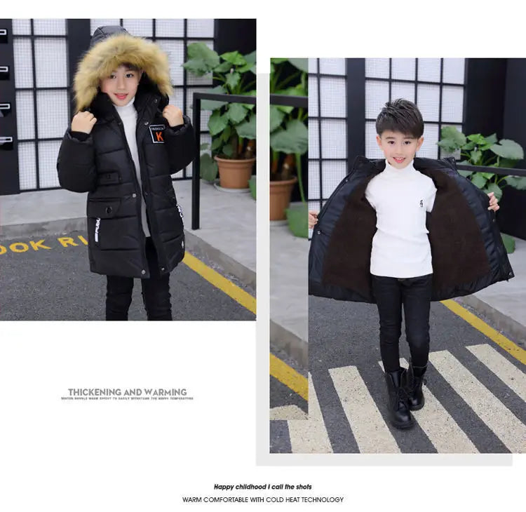 Boys Long Jacket Coat Overcoat Cotton 2024 Blue Black Khaki Warm Thicken Winter Plus Size Children's Clothing