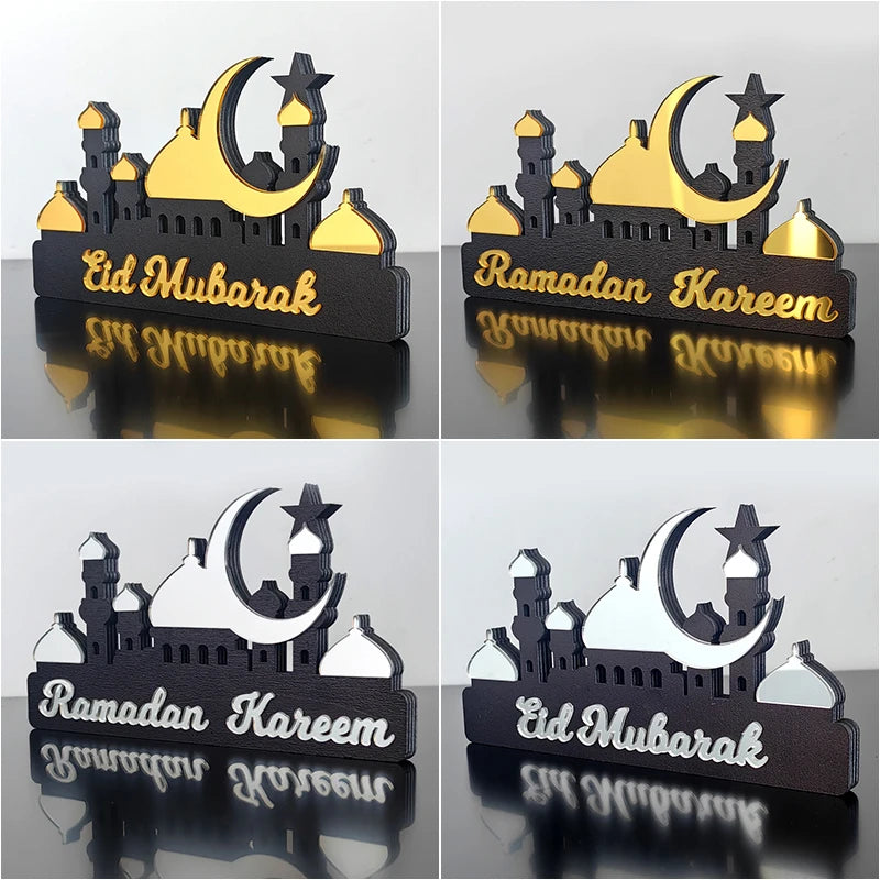 2025 Ramadan Kareem Table Ornament Wooden Acrylic Eid Mubarak Moon Star Castle DIY Tabletop Decoration Islamic Party Home Decor