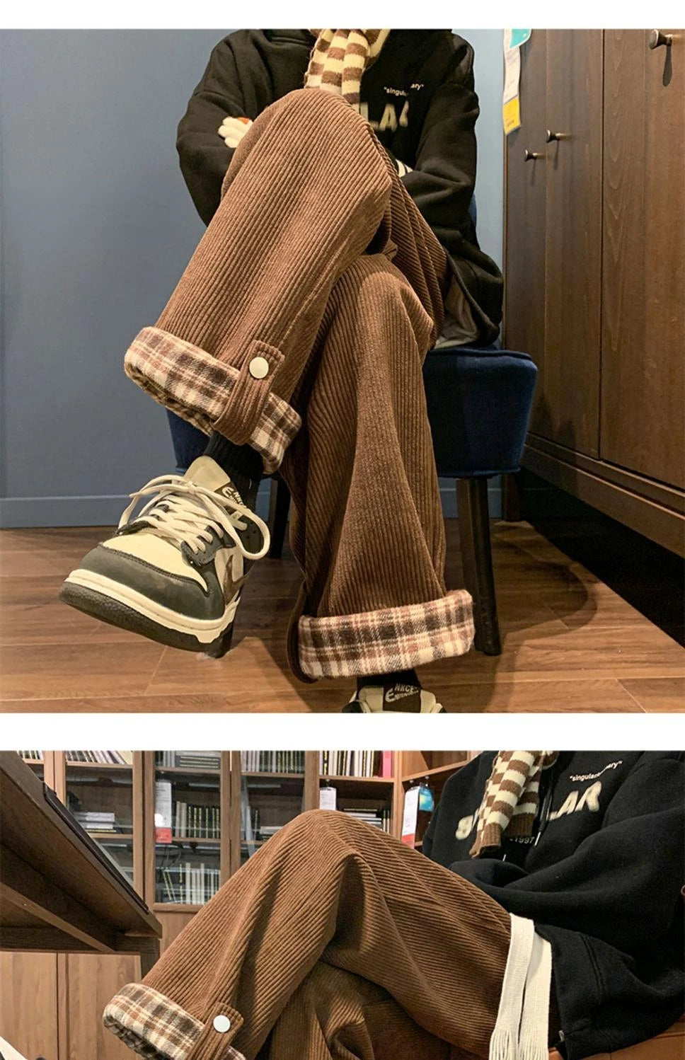 Men's Casual Pants Autumn Winter Warm Straight Corduroy Fleece Trousers Lattice Casual Waist Harajuku Loose Wide Leg Pants