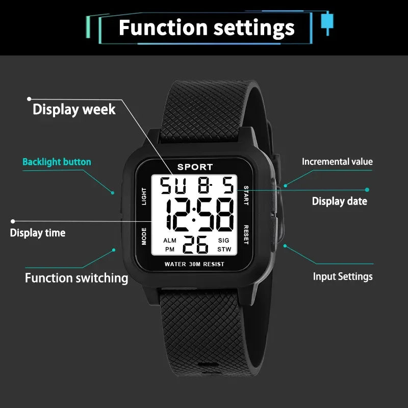 YIKAZE Black Sports Watch Men's Digital Watch Alarm Chrono Clock 3Bar Waterproof Military Men Watches LED Electronic Wristwatch