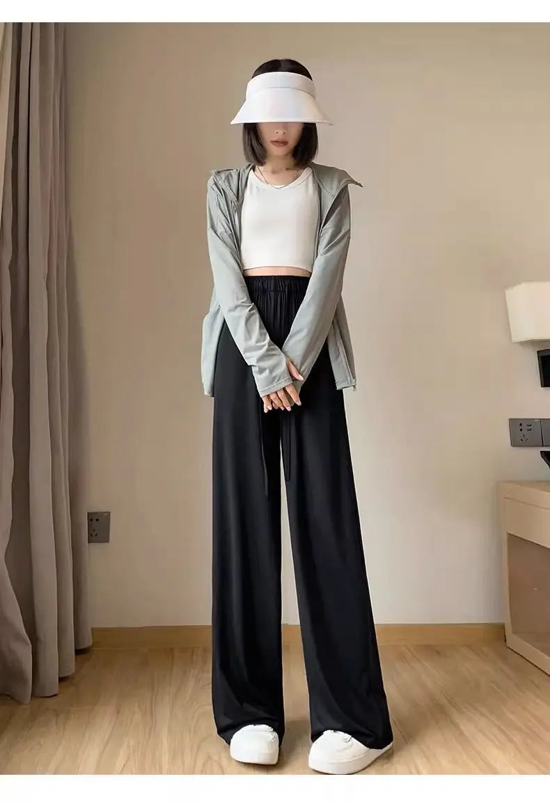 Summer High Waisted Wide Leg Pants Thin Sun Protection Elastic Waist Ice Silk Cool Quick Drying Casual Trousers Women Clothing