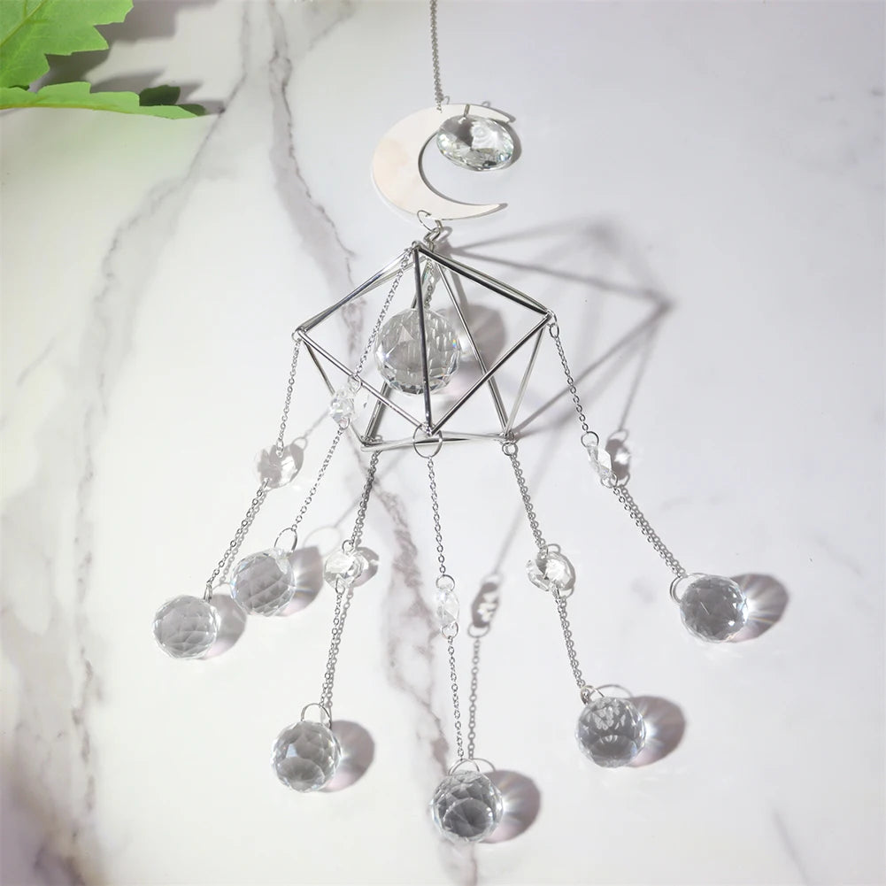 Wind Chime Crystal Light Catcher Hanging Ornament diamond Moon Prism Metal Frame Lighting Ball Bead Jewelry Curtains Home Decor