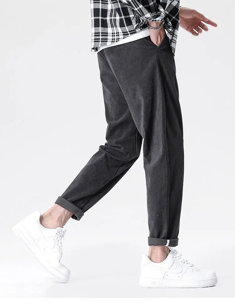 Men's Fleece Straight-leg Pants Casual Slim Fit Thick Solid Color Ankle Trousers Corduroy Drawstring Warm Jogger Sweatpants