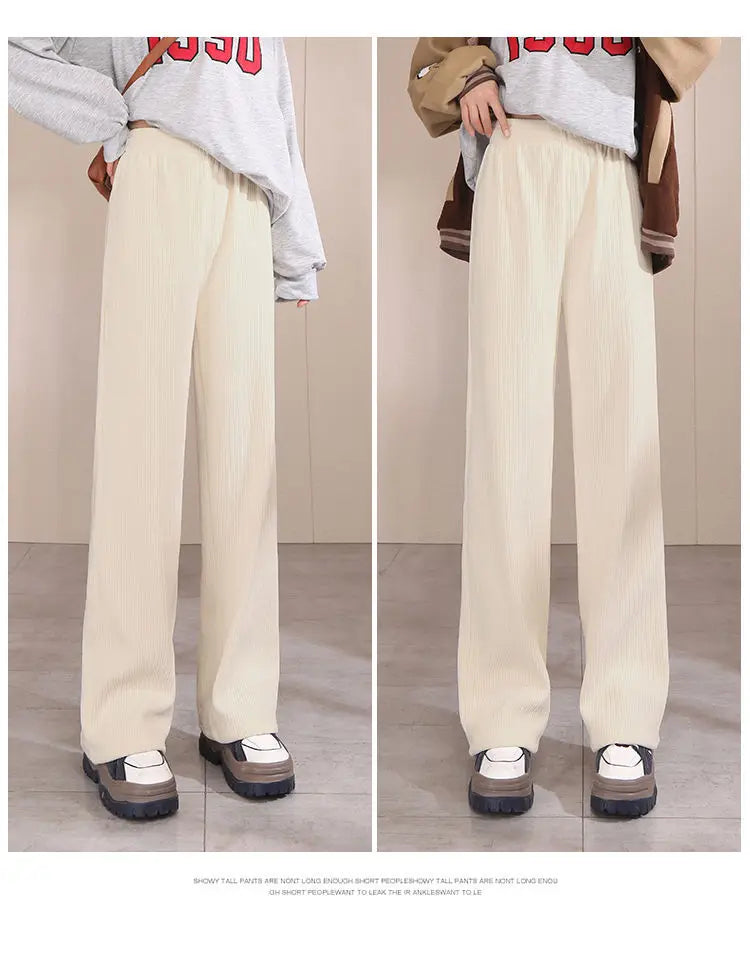 Winter Women Corduroy Trousers Fleece High Waist Loose Straight Pants Elastic Waist Warm Casual Thickened Wide Leg Sweatpants