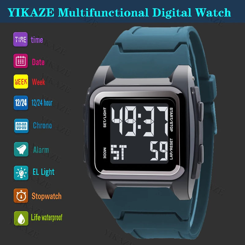 YIKAZE Men's Digital Watch 50M Waterproof Men Sport Watch Retro Multifunction Military Alarm Clock LED Wristwatch for Man Gifts