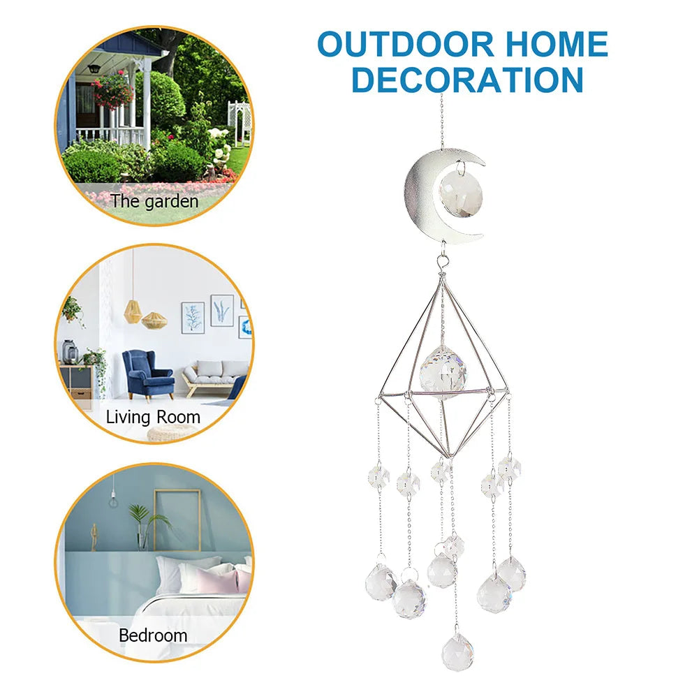 Wind Chime Crystal Light Catcher Hanging Ornament diamond Moon Prism Metal Frame Lighting Ball Bead Jewelry Curtains Home Decor