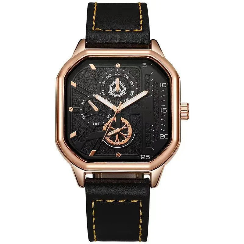 YIKAZE Alloy Men Quartz Watches Leather Strap Big Dial Student Square Sports Watch Cool Black Men's Watch Waterproof  Wristwatch