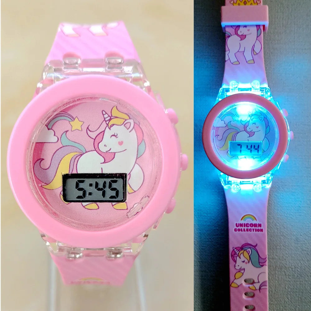 Cartoon unicorn Children Watches for kids Collection Digital Electronic Flash Glow Up Light Colourful mickey mouse Girls Clock