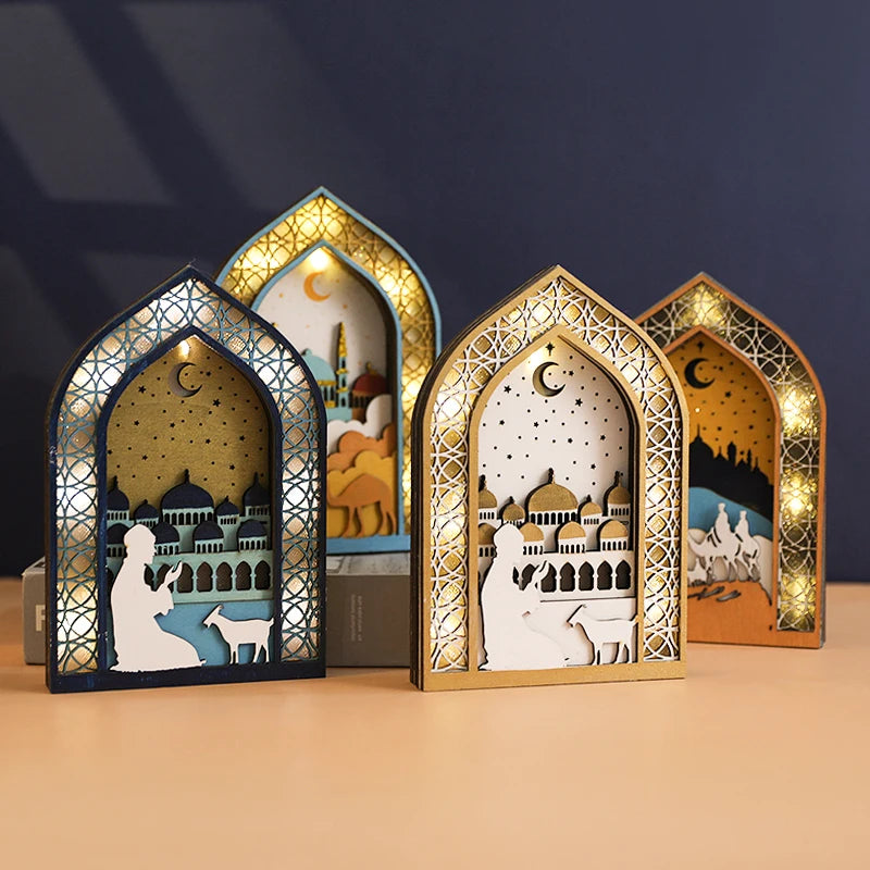 Ramadan Wooden Moon Mosque Night Light Table Ornament EID Mubarak Party Light 2025 Islam Muslim Home Decoration Eid Al Adha Gift