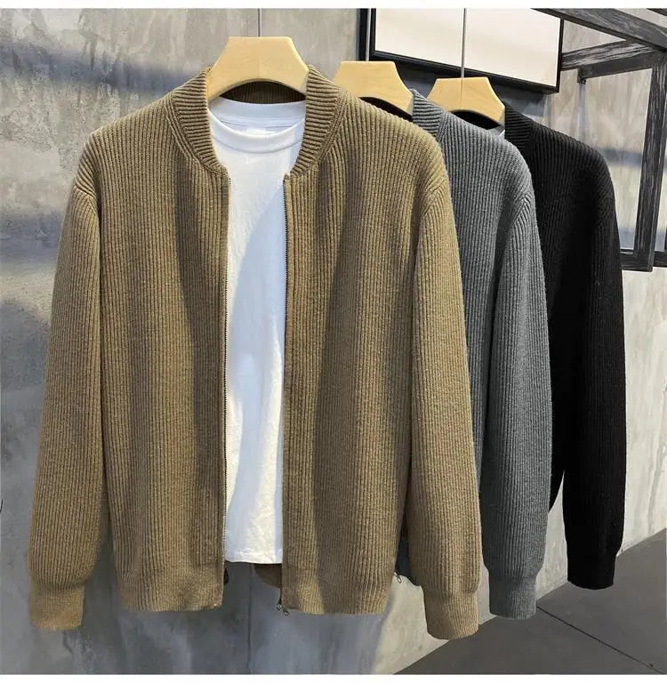 Men's Knitted Cardigan Warm Double Zipper Pit Stripe Slim Fit Sweater Casual Versatile Trend Baseball Collar Sweater Coat