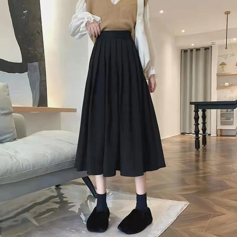 Xpqbb Korean Style Women's Midi Skirt 2022 Autumn High-Waisted Corduroy Long Skirt Women College Style Pleated A-Line Skirts