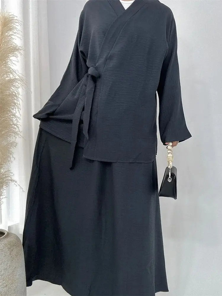 Eid Plain 2 Piece Abaya Set Tops Skirt Modest Muslim Sets Abayas For Women Clothing Robe Caftan Marocain Femme Musulmane Kaftan