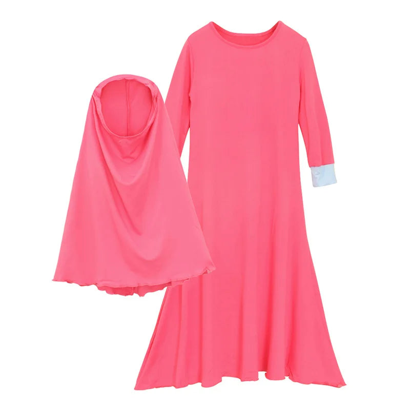 2Pcs Muslim Ramadan Sets Children Girls Prayer Dress Hijab Abaya Arab Kids Long Robe with Headscarf Islamic Robe Kaftan Gown