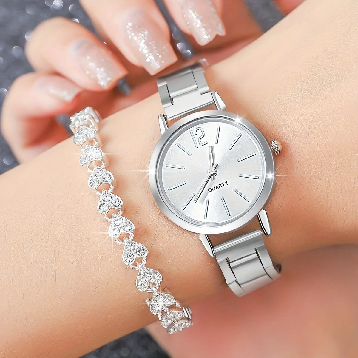 2Pcs Quartz Watches For Women Alloy Wrist Watch Bracelet Great Gift For Her Mom Girlfriend Gifts For Eid