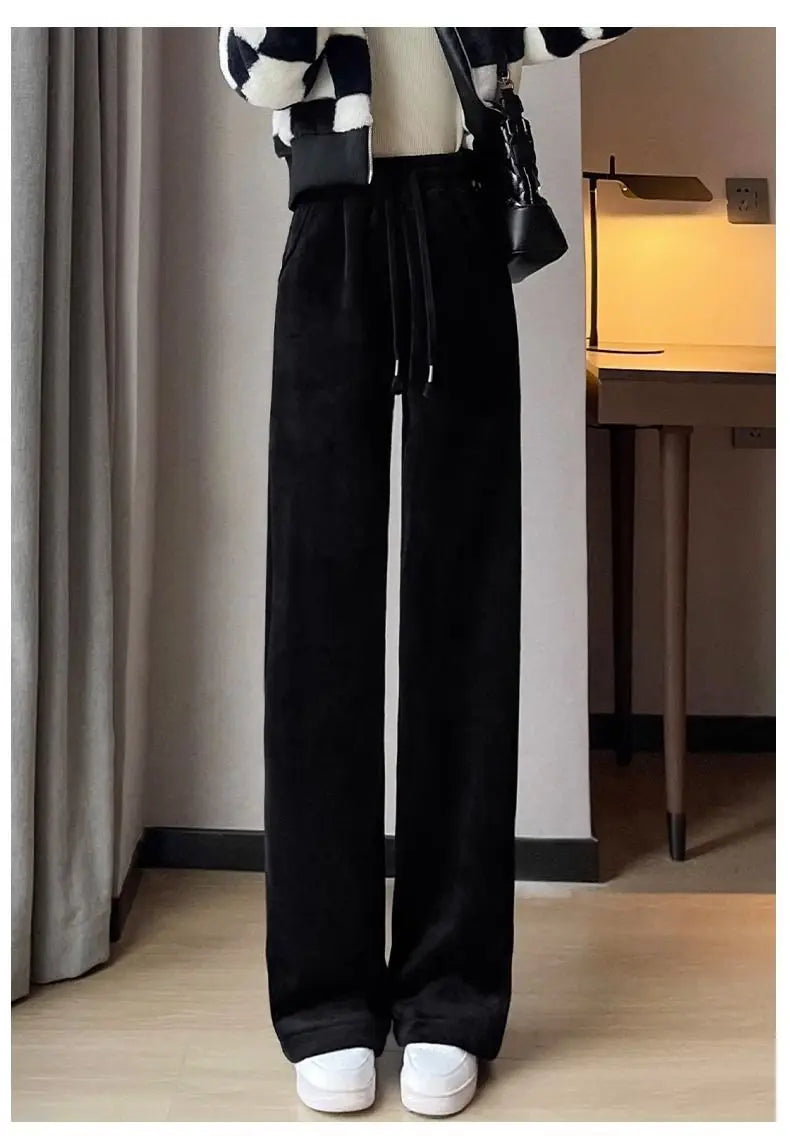 Women Keep Warm Thickened Corduroy Trousers Wide Leg Sweatpants Winter Straight Pant High Waist Warm Loose Simple Lamb Trousers