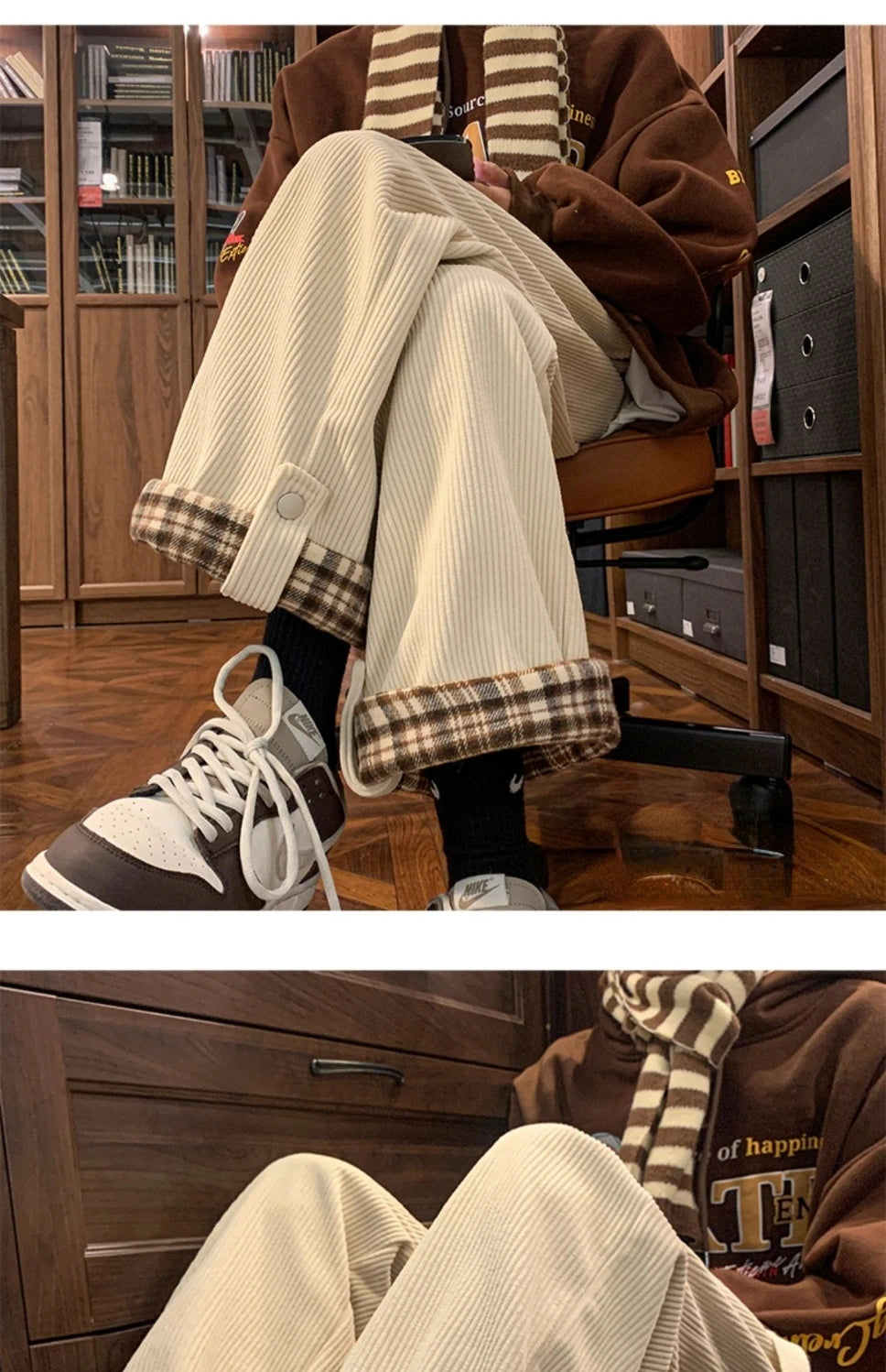 Men's Casual Pants Autumn Winter Warm Straight Corduroy Fleece Trousers Lattice Casual Waist Harajuku Loose Wide Leg Pants