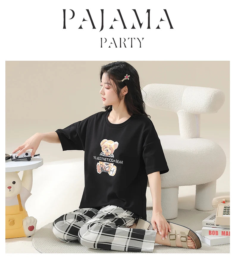 Big Size 5XL Pajama Sets Short Sleeved Cartoon Bear Knitted PJ Plaid Sleepwear Elegant Women's Pajamas Lounge Home Pijama Mujer