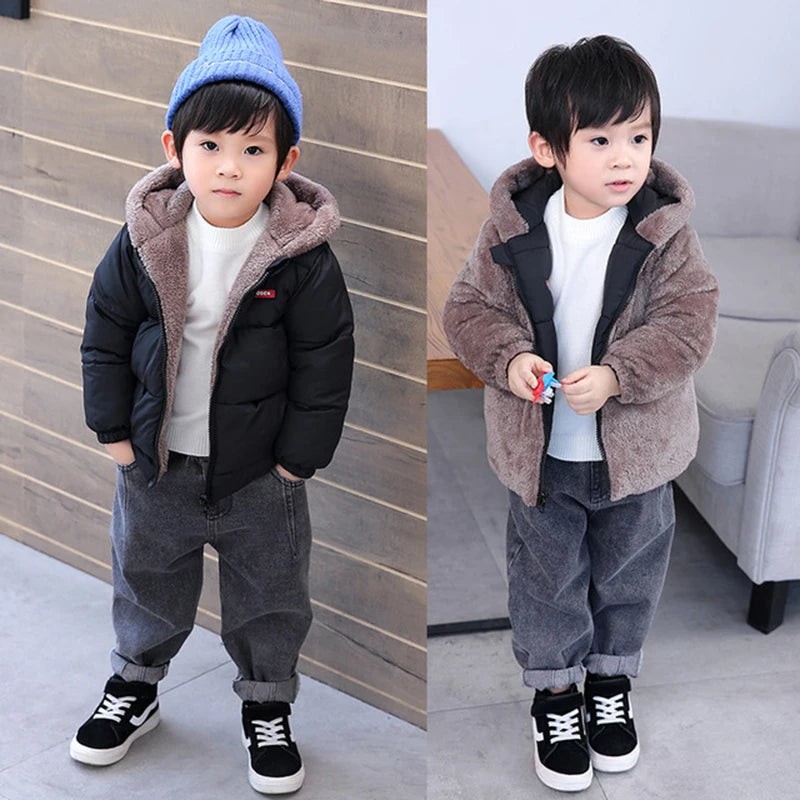 Children Thick Down Jackets Winter Thicken Plush Coats For Boys Girls Solid Color Hooded Jackets 2-6 Years Kids Parka Outerwear