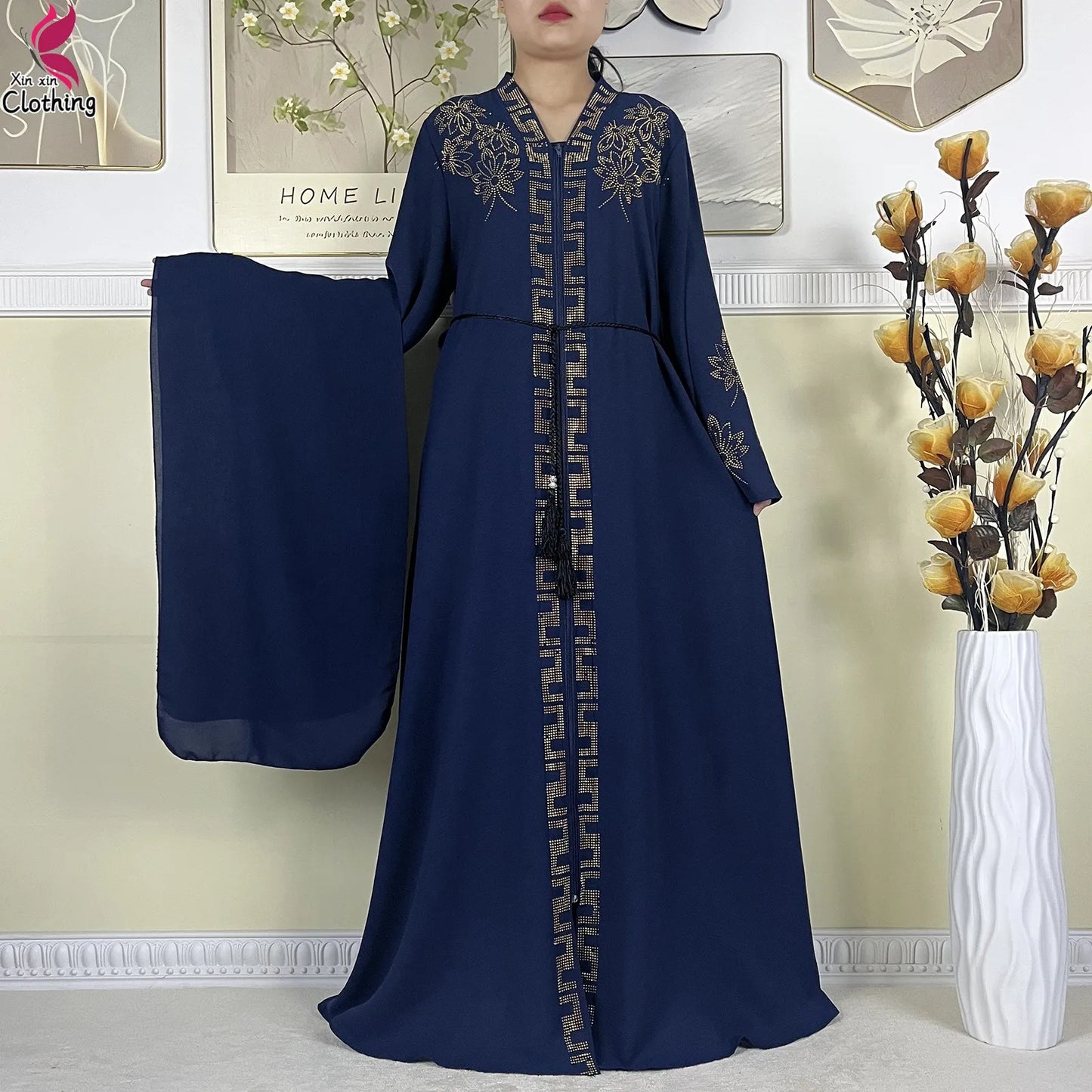 New Muslim Abayas For Women Long Sleeved Dress Dubai Lady Elegant Long Dress Islam Clothing African Abaya Loose Robe With Turban