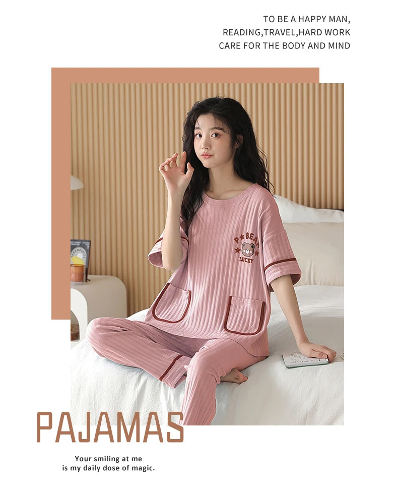 Big Size 5XL Pajama Sets Short Sleeved Cartoon Bear Knitted PJ Plaid Sleepwear Elegant Women's Pajamas Lounge Home Pijama Mujer