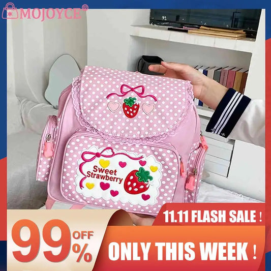 Kawaii Kids School Bag Cute Strawberry Embroidery Student Mochila Dots Multi-Pocket Nylon Fashion College for Teenager Girl