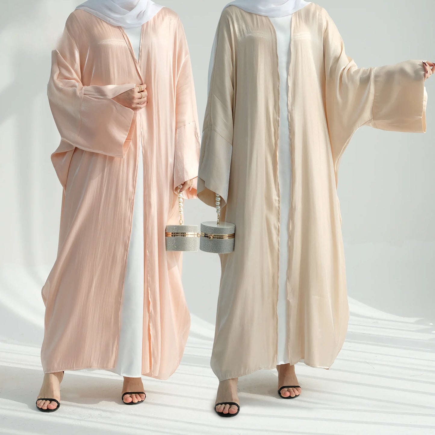 Plain Dubai open abaya moroccan kaftan turkish shiny Ramadan stain dresses Islam Muslim Modest Dress Sets Prayer Clothes Women