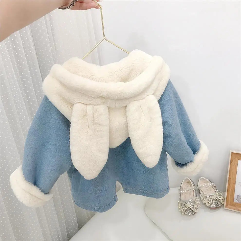 Jacket for Girls Boy Children's Denim Jackets Warm Fur Cowboy Coat Baby Rabbit Ear Hooded Velvet Outerwear Kids Winter Clothes