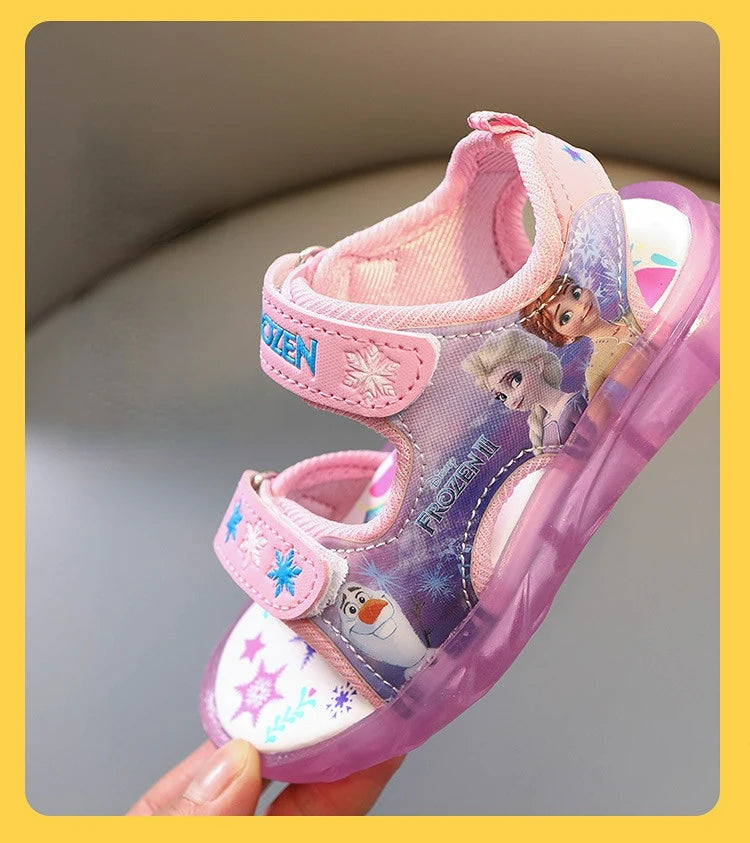 Disney Summer Children's Sandals Frozen Priness Elsa Anna Children's Sandals LED Light Beach Pink Purple Shoes Size 21-31