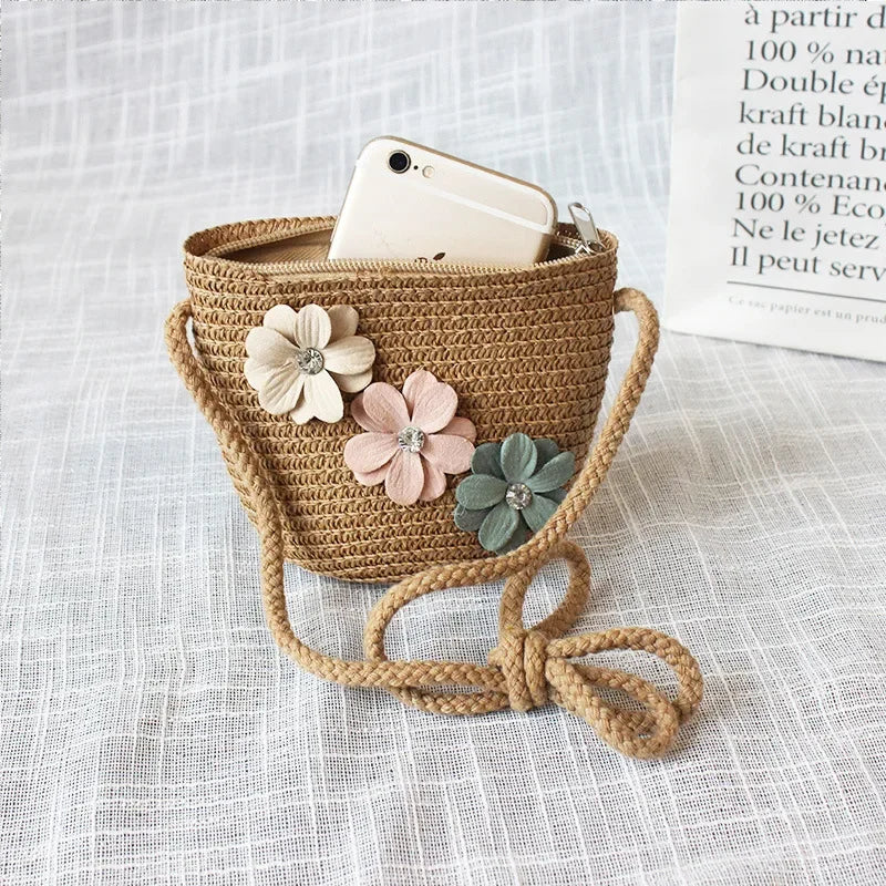 Summer Children's Straw Woven Messenger Bag Lovely Girls Small Coin Purse Handbags Baby Kids Mini Shoulder Bags Princess Wallet