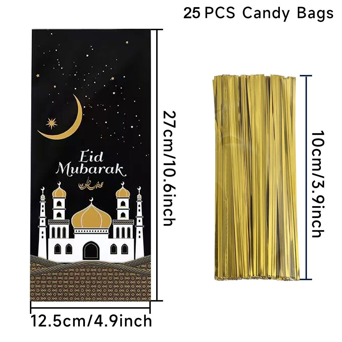 50pcs Eid Mubarak Gift Bags Plastic Bag Cookie Candy Ramadan Kareem Decoration 2024 Islamic Muslim Party Packaging Bag Pouch