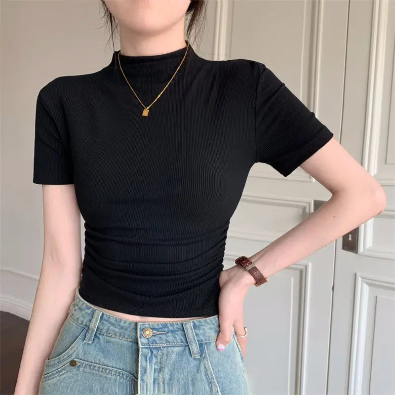 Fashion Women's Short T-shirt middle collar Slim fit Short Sleeve Casual Tee Tight Folds Wild High Waist Workout Yoga Tops