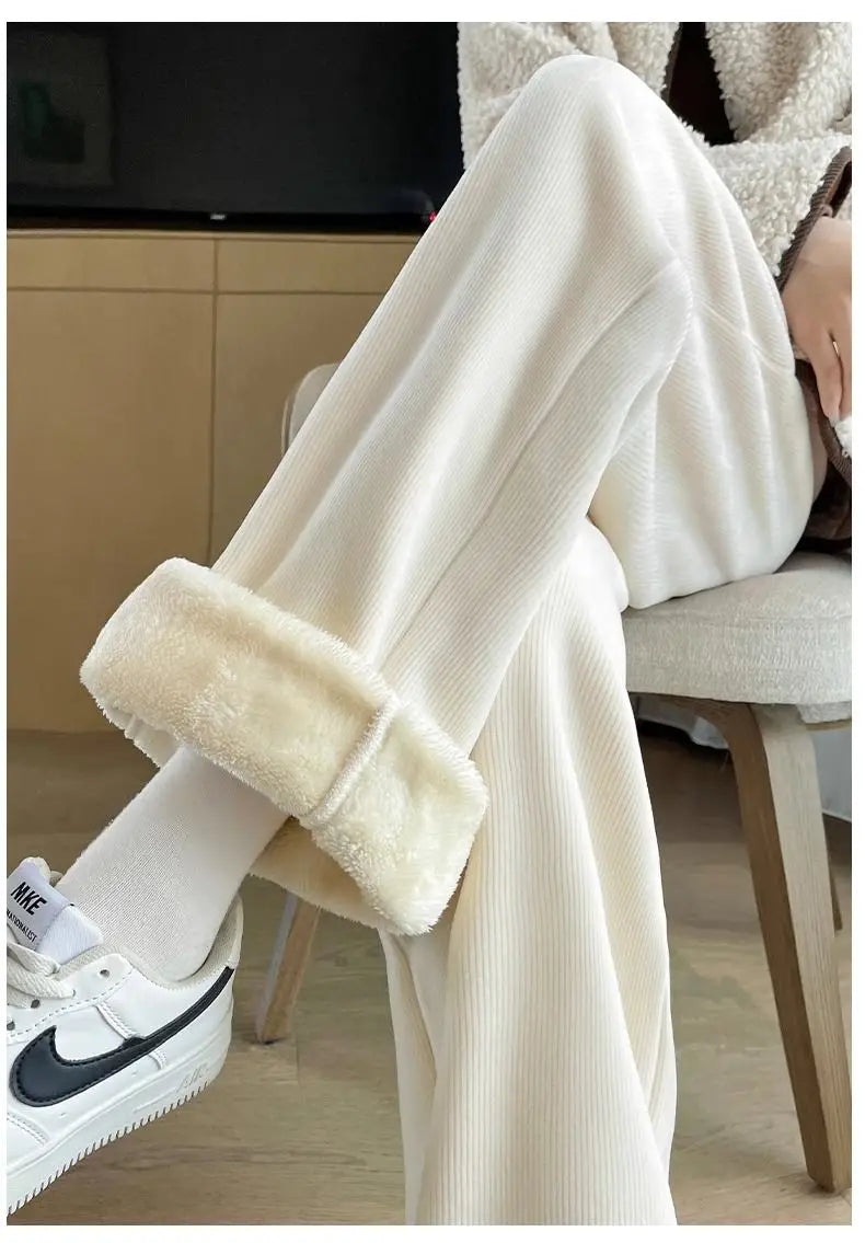 Women Keep Warm Thickened Corduroy Trousers Wide Leg Sweatpants Winter Straight Pant High Waist Warm Loose Simple Lamb Trousers