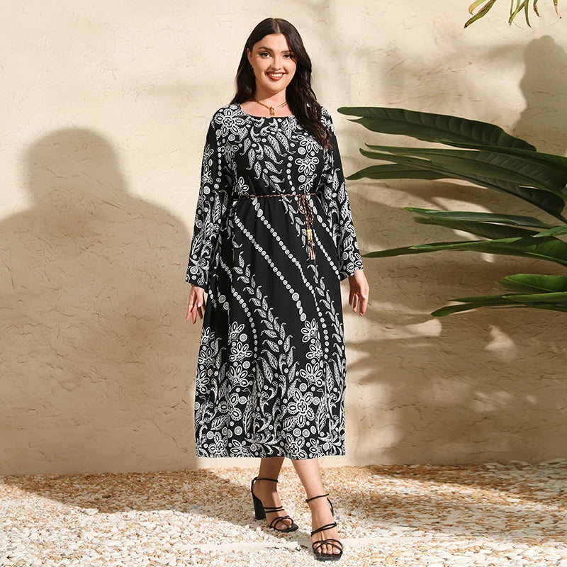 Plus Size Spring Summer Women Dress O-neck Maxi Dresses Floral Pring Robe Long Sleeves Female Sundress Casual Islamic Clothing