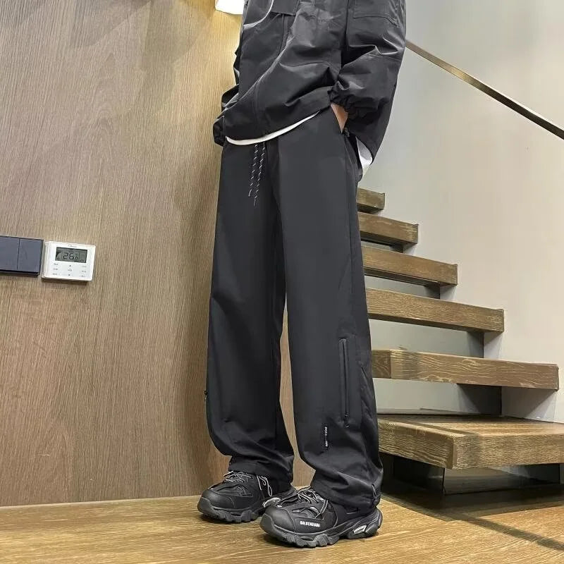 Cargo Pants Men Zipper Oversize Drawstring Casual Water Proof Sweatpants Loose Fit Joggers Solid Cargo Straight Mopping Trousers