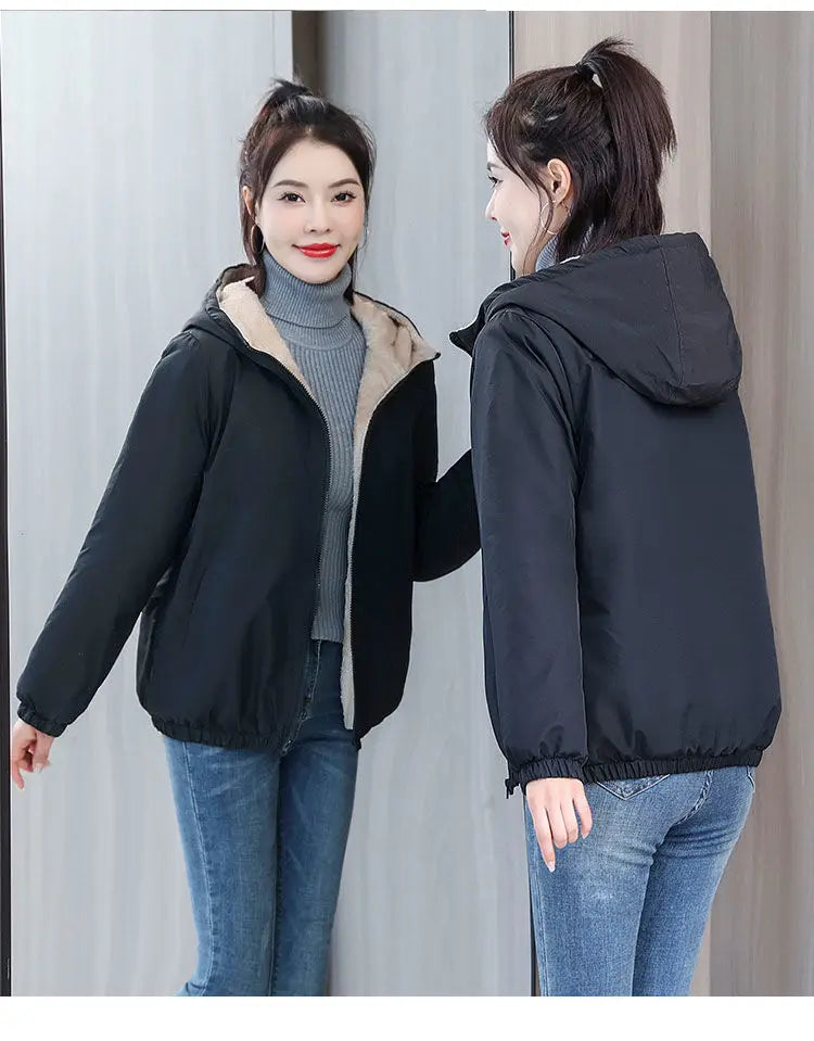 Women's Fleece Coat Winter Warm Thicken Solid Windbreaker Hooded Cotton Plush Hooded Jackets Casual Outdoor Windproof Jacket