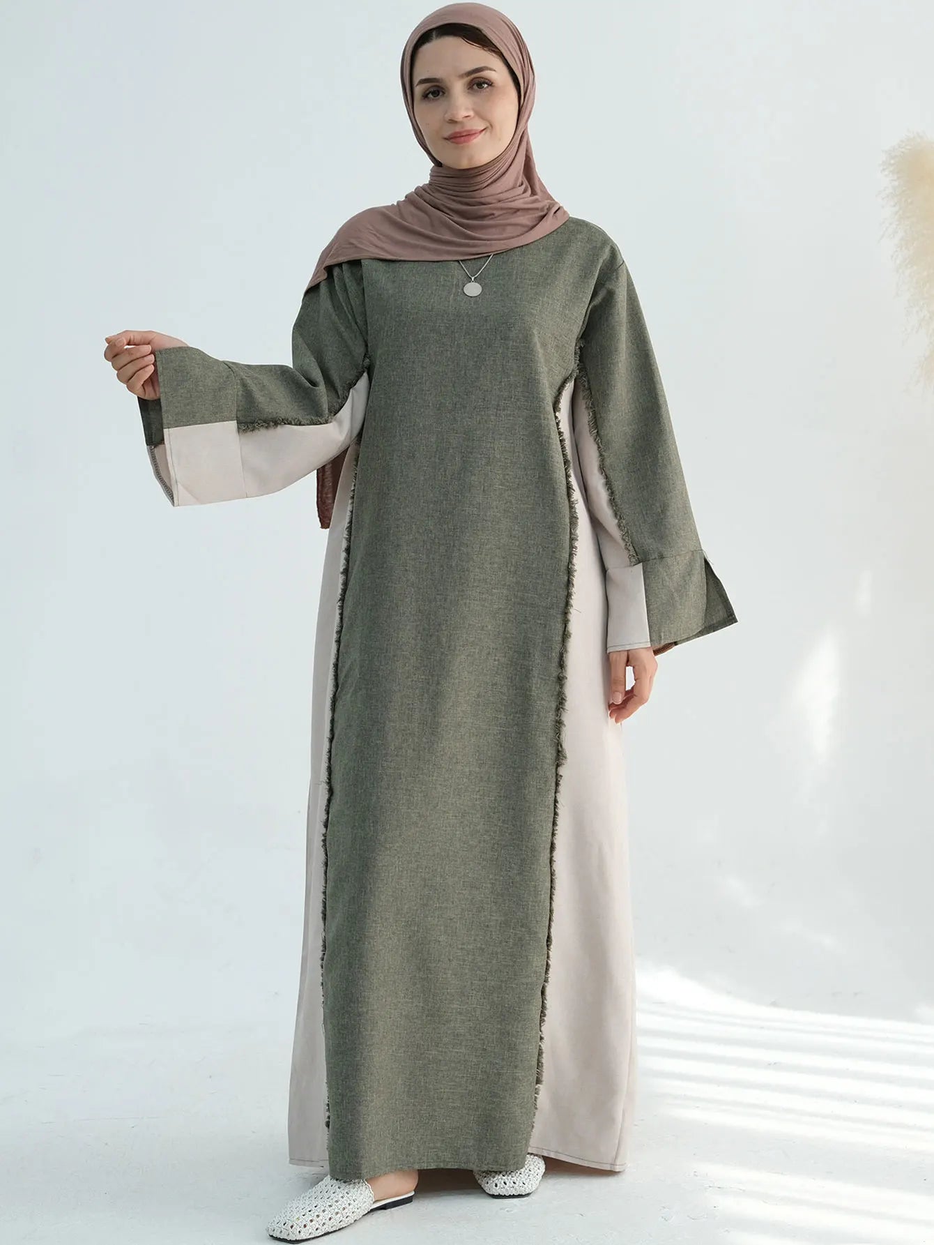 New Trend Contrast Color Women Dresses Modest Abaya Muslim Women Dress Linen Frayed Closed Abaya Ramadan EID Dubai Abaya 2025