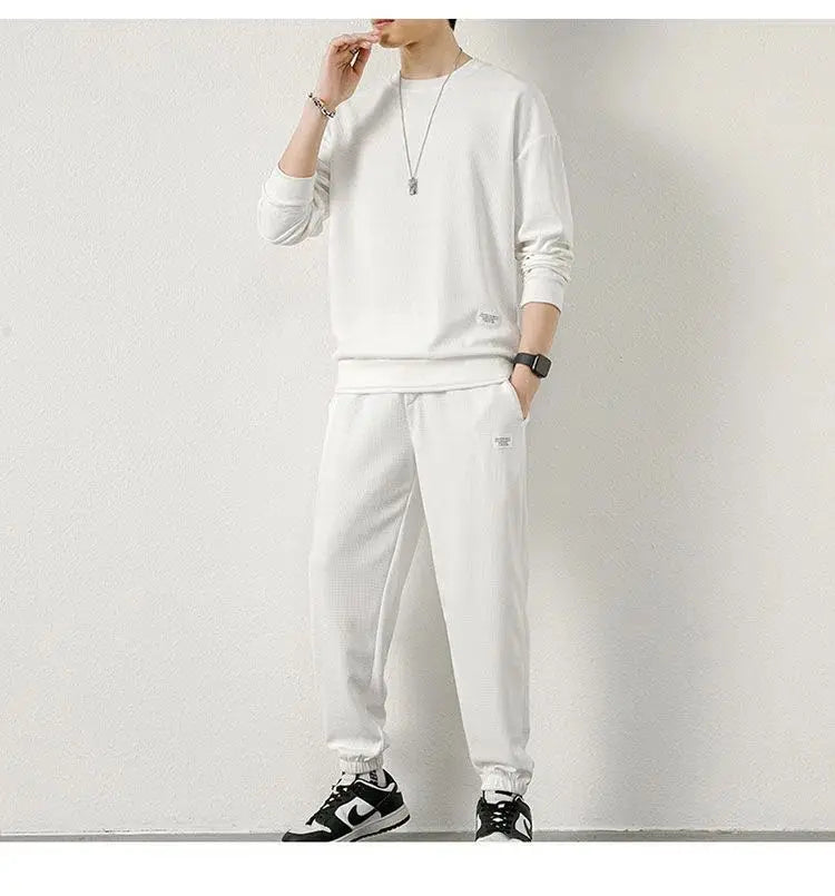 Spring Autumn New Men Waffle Two-Piece Casual Loose Long Sleeve and Pants O Neck Solid Color Pullover+outdoor Running Pants Set