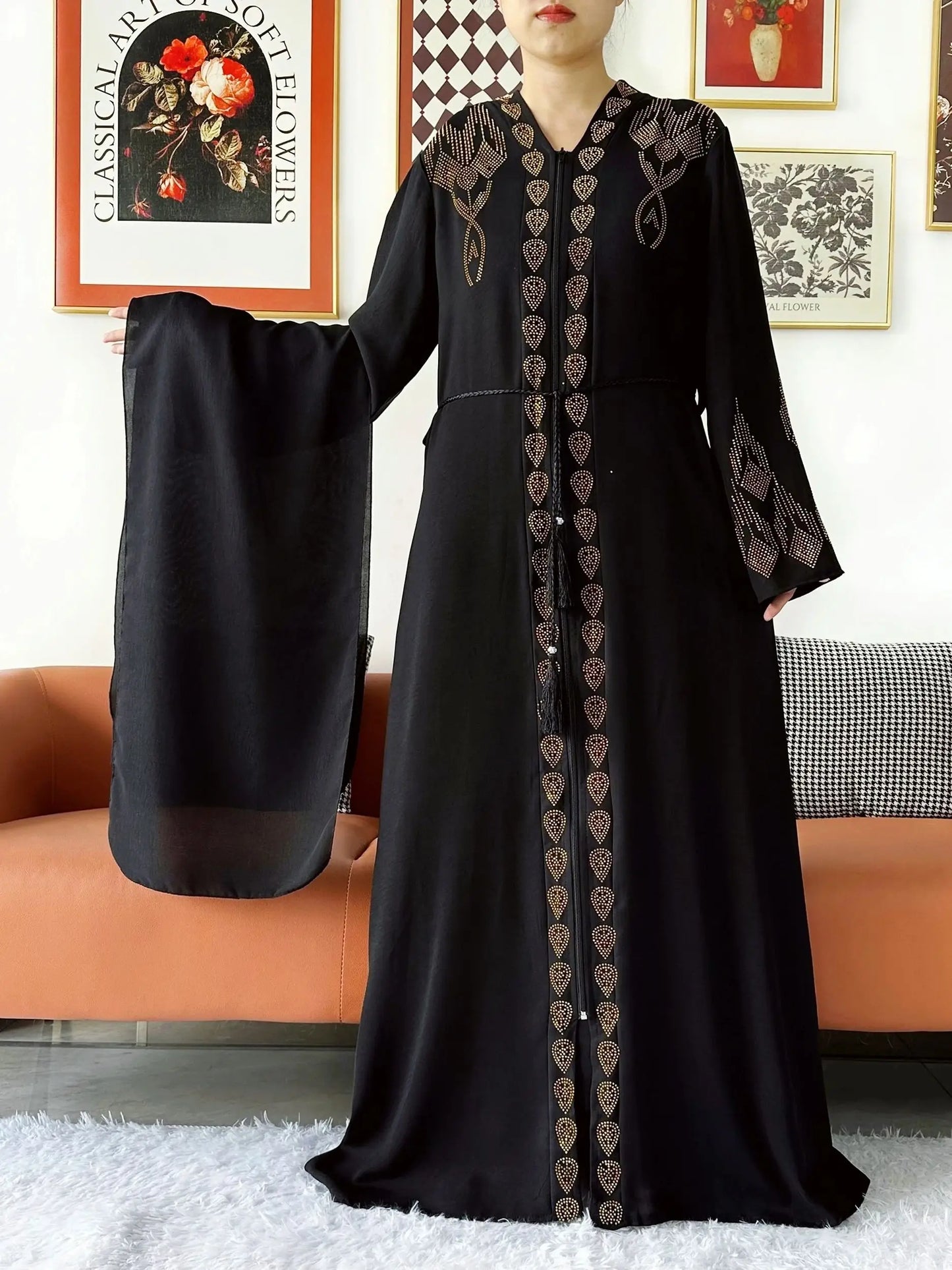 New Women Elegant Dress Chiffon Open Abaya with Zipper Muslim Women Dress Islamic Clothing Cardigan Abaya Women Muslim Dress