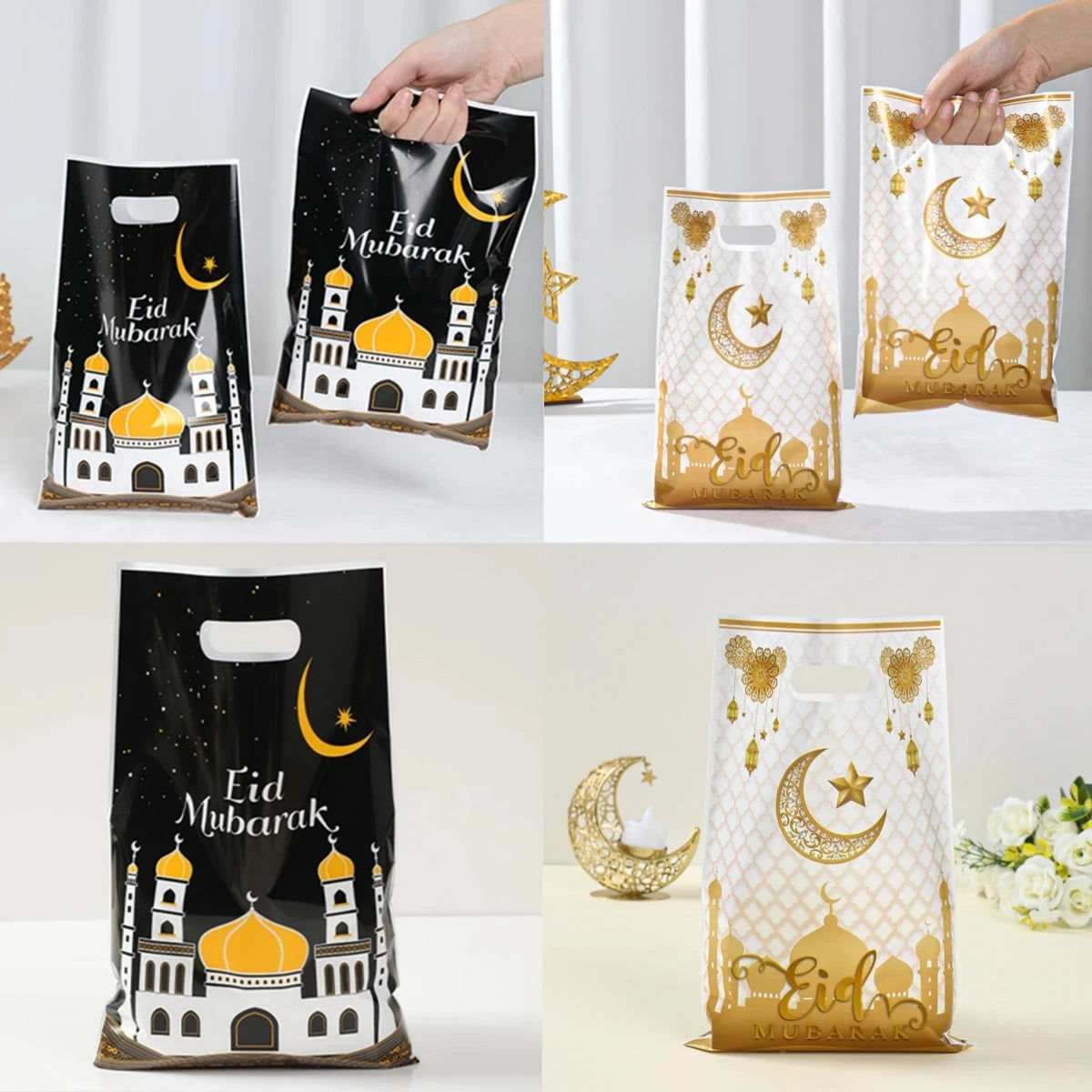 50pcs Eid Mubarak Gift Bags Plastic Bag Cookie Candy Ramadan Kareem Decoration 2024 Islamic Muslim Party Packaging Bag Pouch