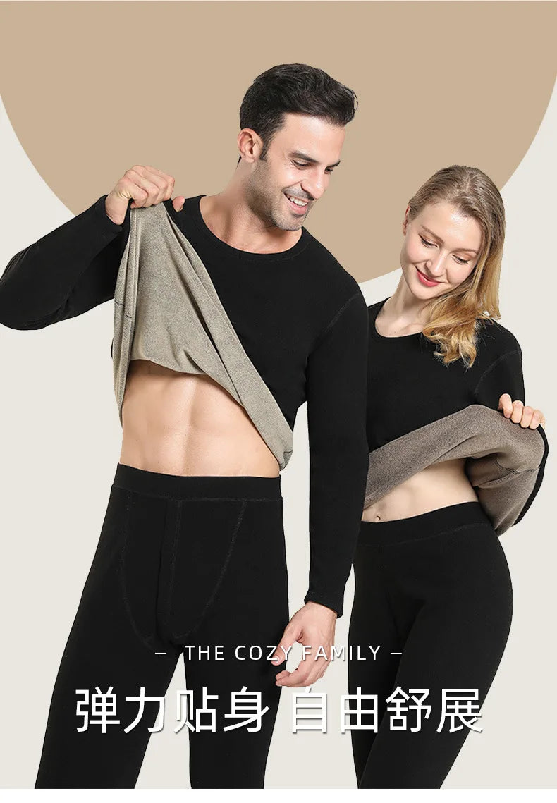 Couple Winter Solid Color Thermal Underwear Sets Soft Thicken Fleece-lined Warm Cold-proof Long Johns Top & Bottom 2 Piece Set