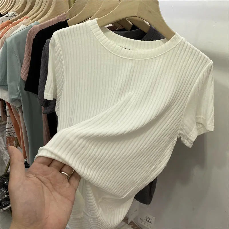 Summer Women Pullover Short Sleeves Bottoming Shirts O-Neck Elastic Slim Thread Fashion Korean T-Shirts Various Colors Available