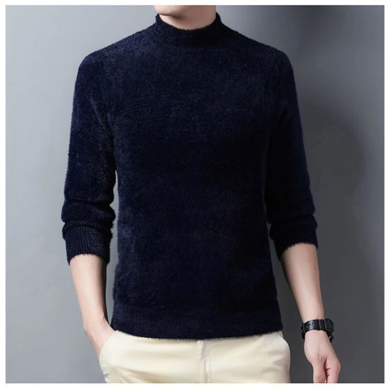 New Pullover Men Sweater Soft Warm Long Sleeve Mock Neck Solid Color Fine fleece Sweater Thicken Warm Loose Casual Sweaters